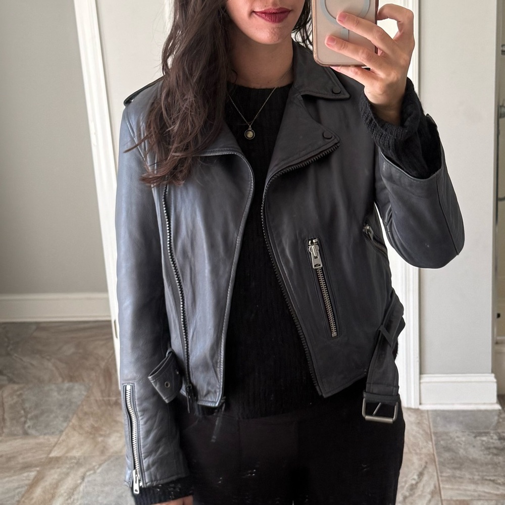AllSaints Wyatt Biker Leather Jacket in Ink Blue - Picture 2 of 12